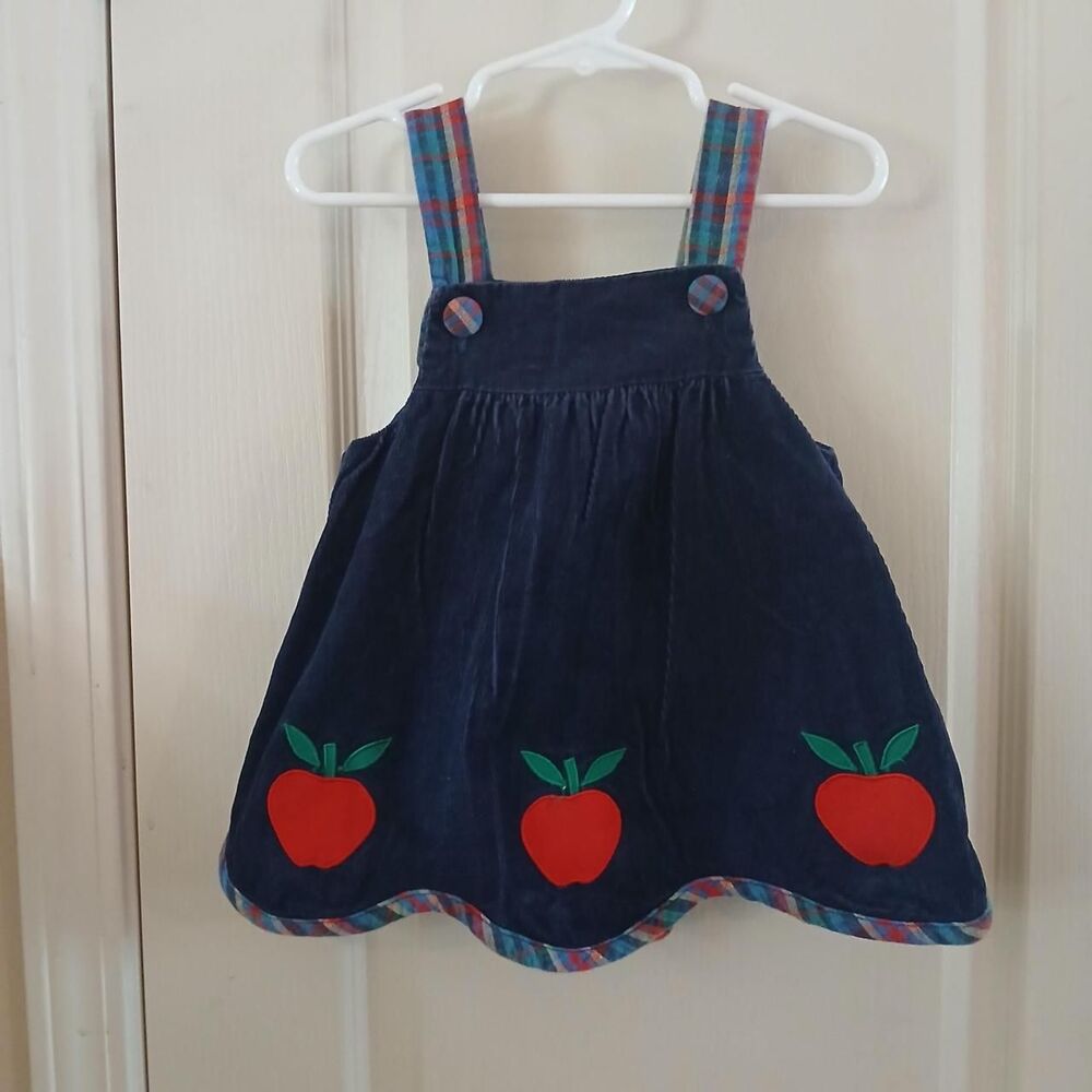 Vintage 90s Navy Blue Corduroy Apple Patch Plaid Jumper Pinafore Dress 18 M